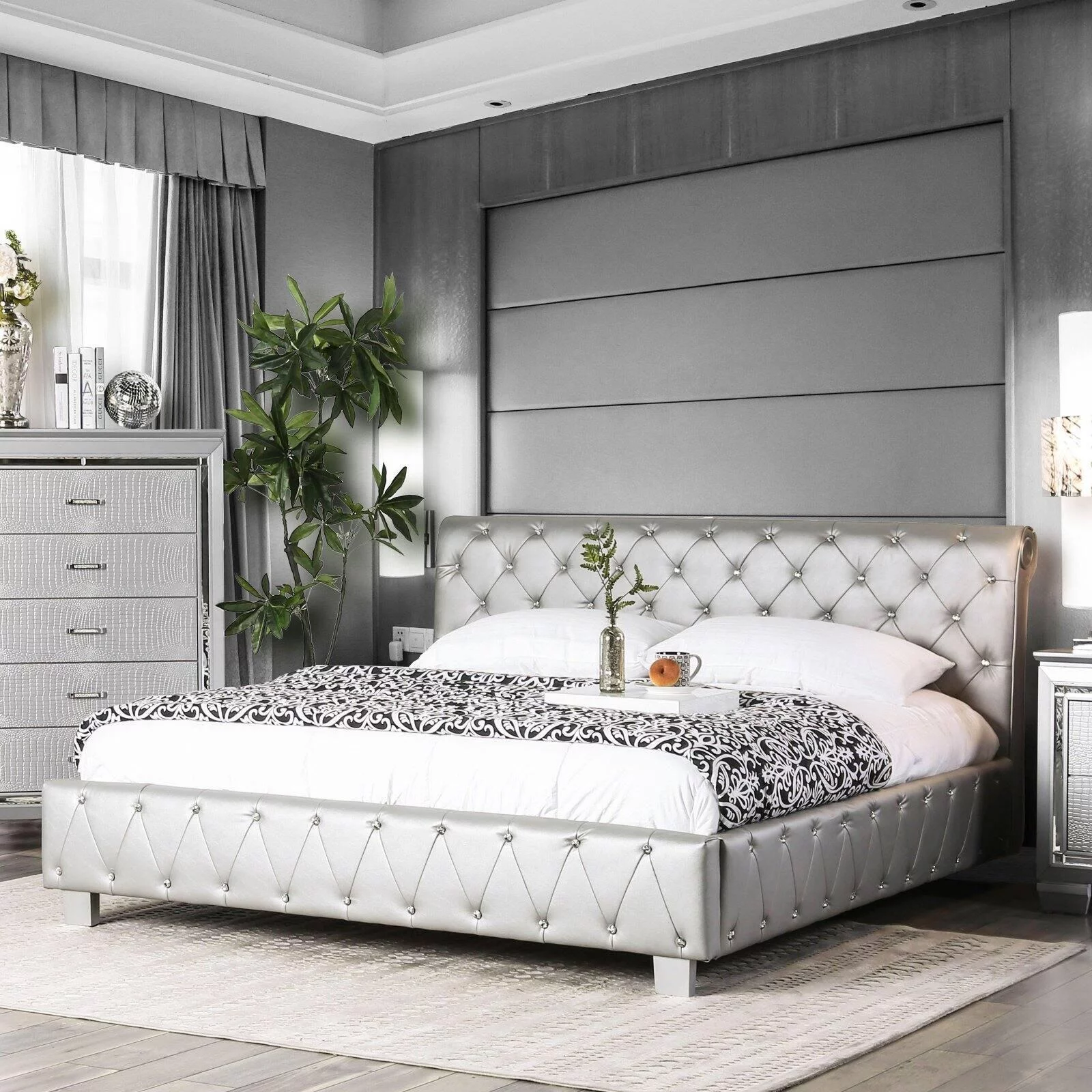 Contemporary Silver Solid Wood King Bedroom Set 3pcs FOA CM7056SV-EK Juilliard