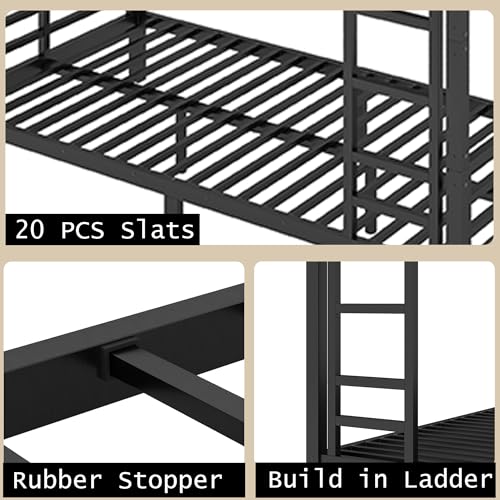 Heavy Duty Bunk Bed Frame with Ladder, Twin XL Over Twin XL Bunk Beds with Safety Guardrails, Adults Bunk Beds with Noise-Reducing Rubber Stoppers, Easy Assemble, Black