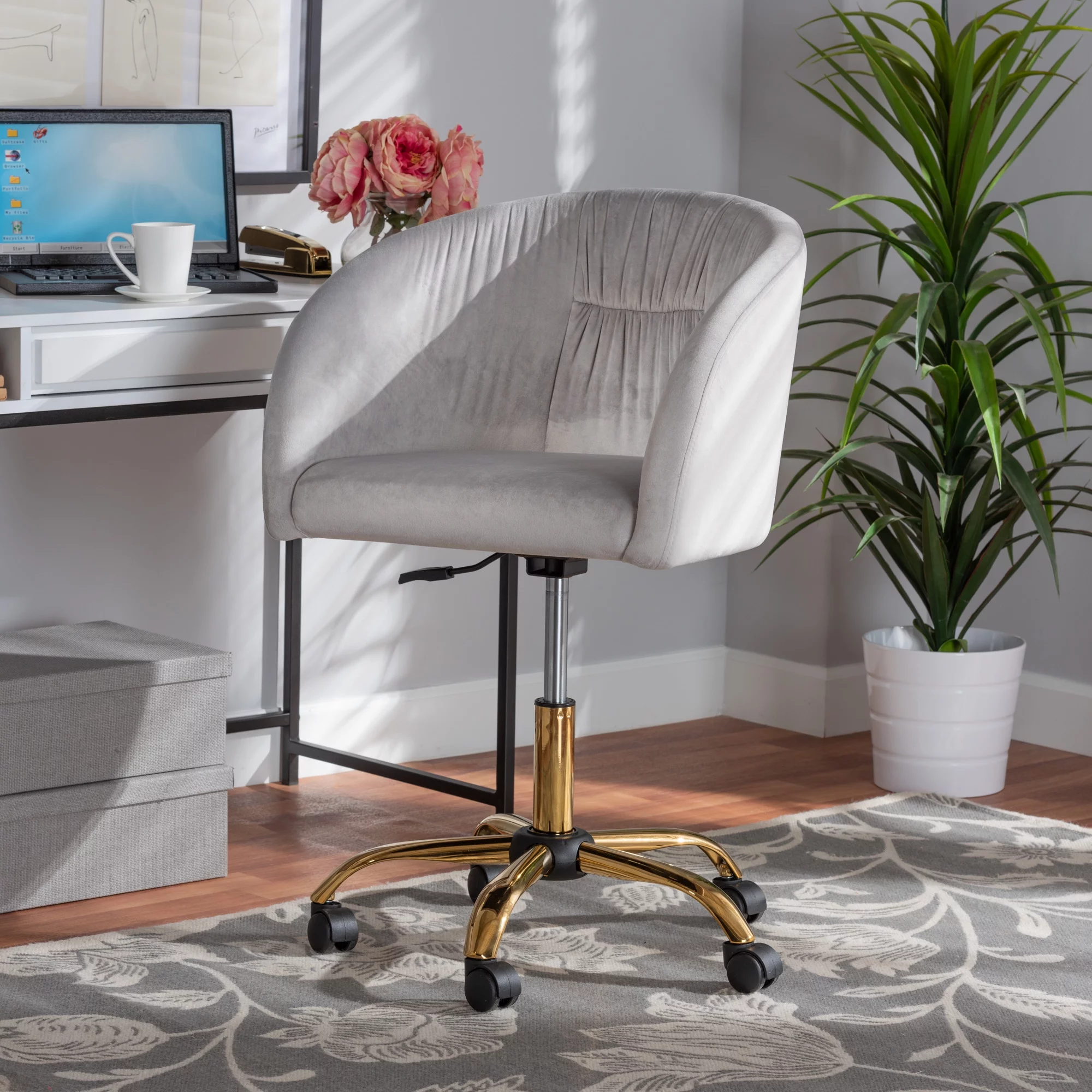 Baxton Studio Ravenna Contemporary Glam and Luxe Grey Velvet Fabric and Gold Metal Swivel Office Chair