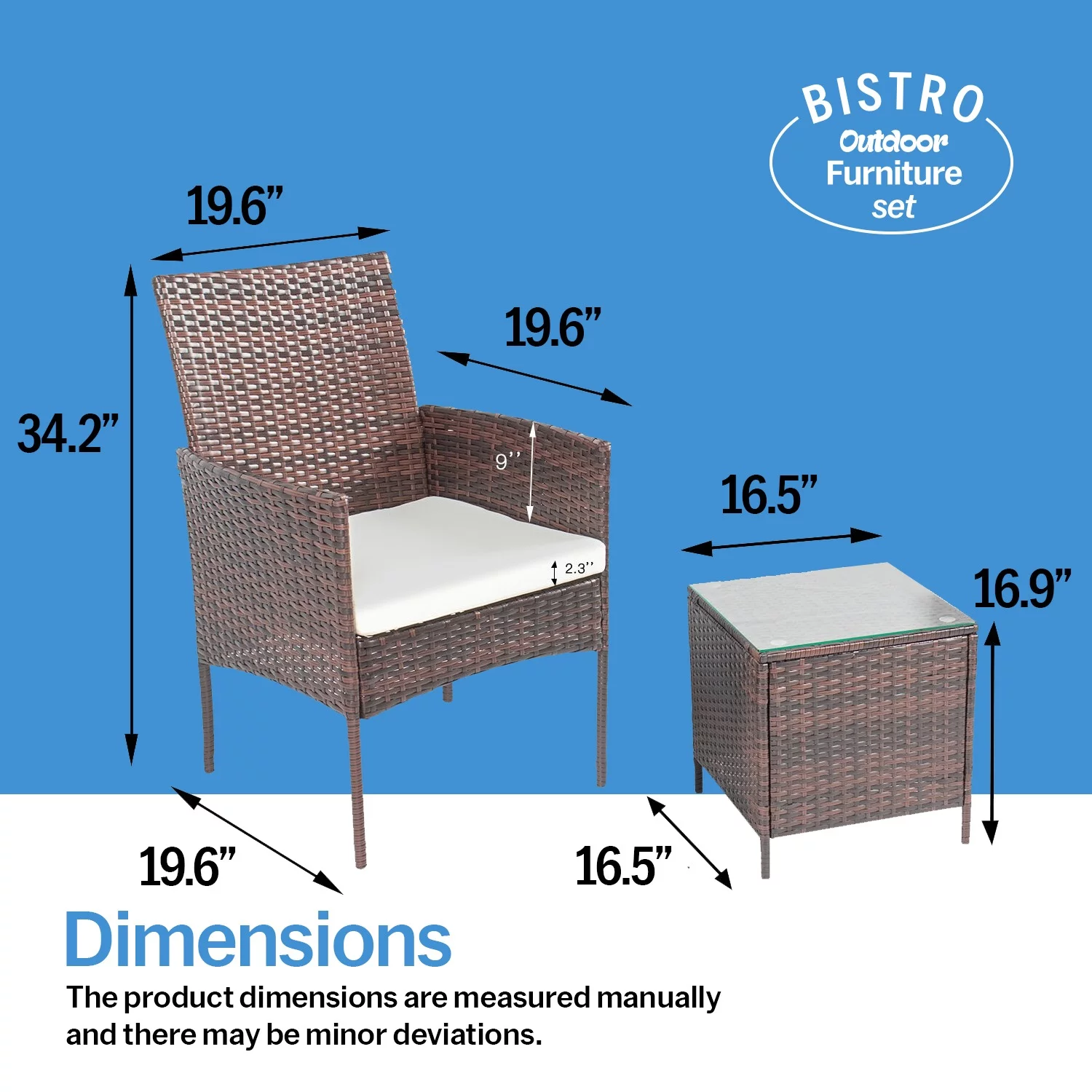 Sofia 3 Piece Rattan Bistro Patio Furniture Set- 2 Metal & Soft Cushion Chairs With a Beautiful Cafe Table - Beige