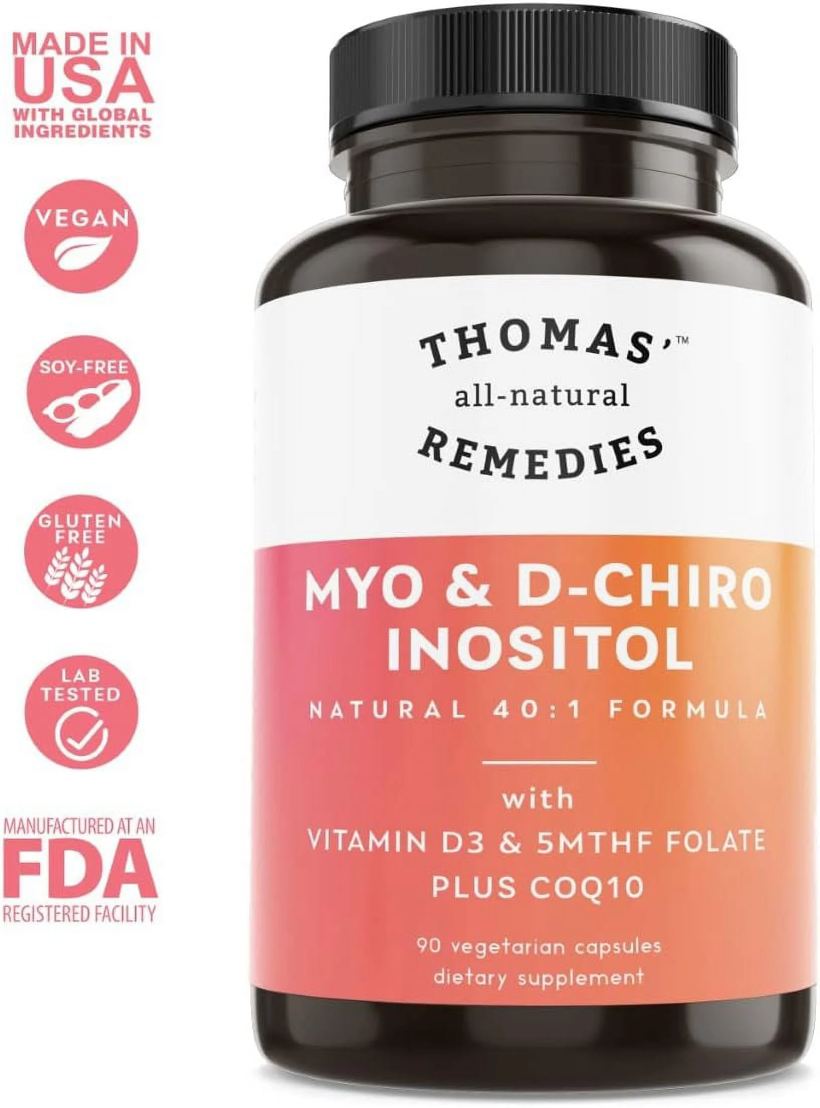 Thomas' all-natural Remedies MYO Inositol & D-Chiro Inositol Blend Supplement with Folate and Vitamin D3, Non-GMO, No Fillers, CoQ10, 90 Vegan Capsules.