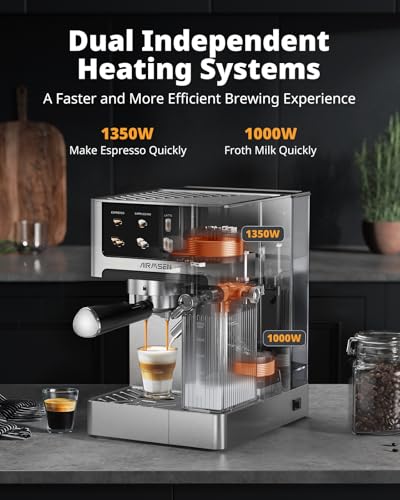 AIRMSEN 20 Bar Espresso Machine with Automatic Milk Frother for Home, Cappuccino & Latte Coffee Maker with Quick Brew Dual Boiler (1350W + 1000W), Stainless Steel, 60oz Water Tank, Touchscreen