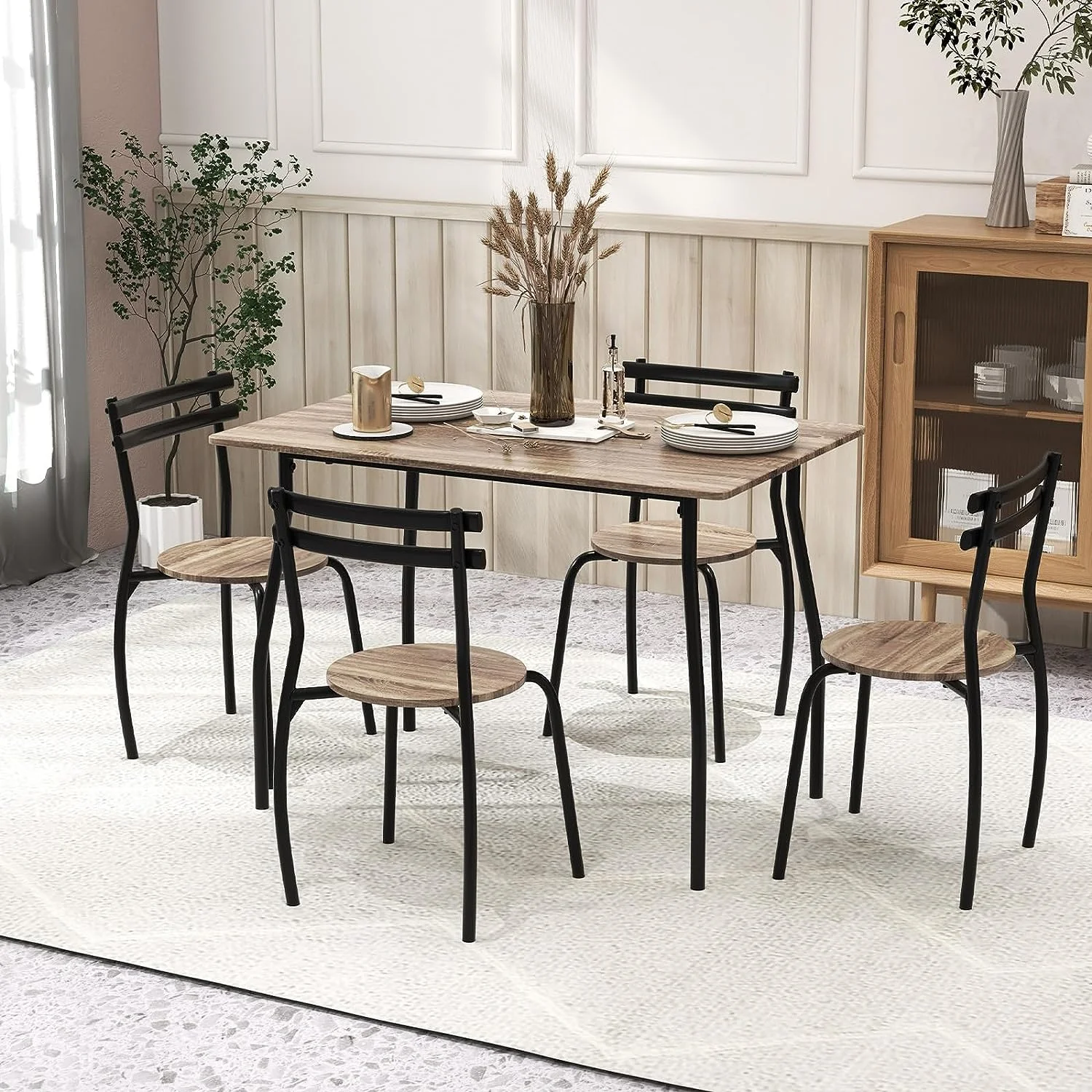 HOOMZNB 5-Piece Dining Table Set - Modern Rectangular Dining Table & 4 Armless Chairs with Metal Frame  Dining Room  Set for 4 Person  Space-Saving Dinette Set for Breakfast Nook  Kit