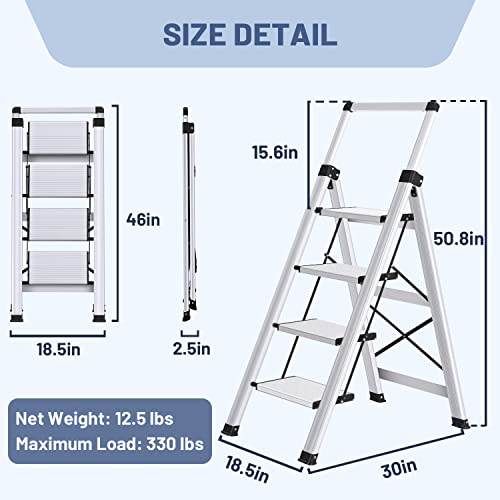 XinSunho 5 Step Ladder, Retractable Handgrip Folding Step Stool with Anti-Slip Wide Pedal, Aluminum Stool Ladders 5 Steps, 330lbs Safety Household Ladder