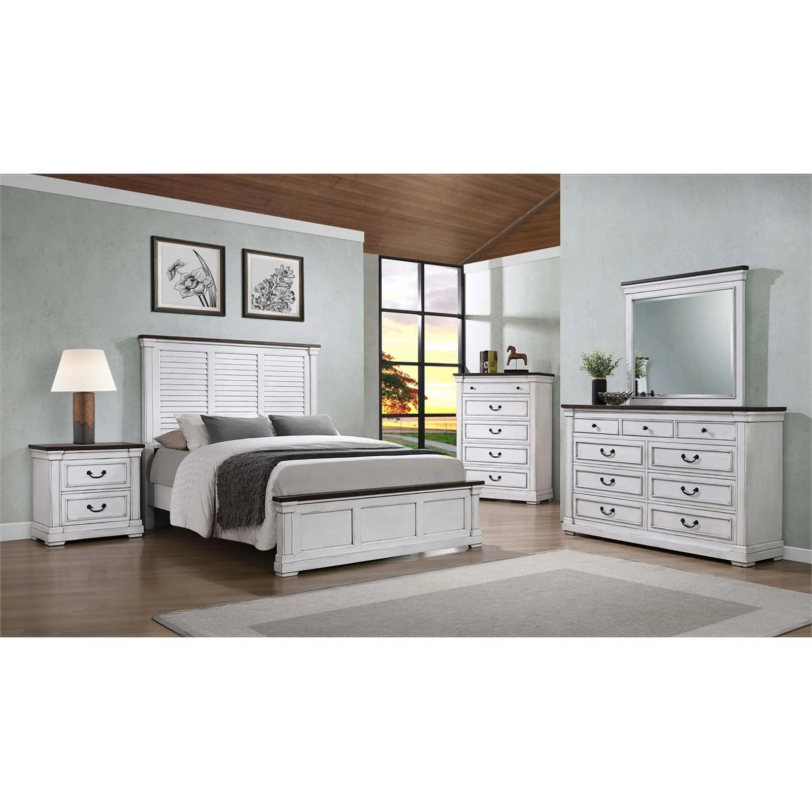 Pemberly Row Wood Farmhouse Eastern King Panel Bed White Finish