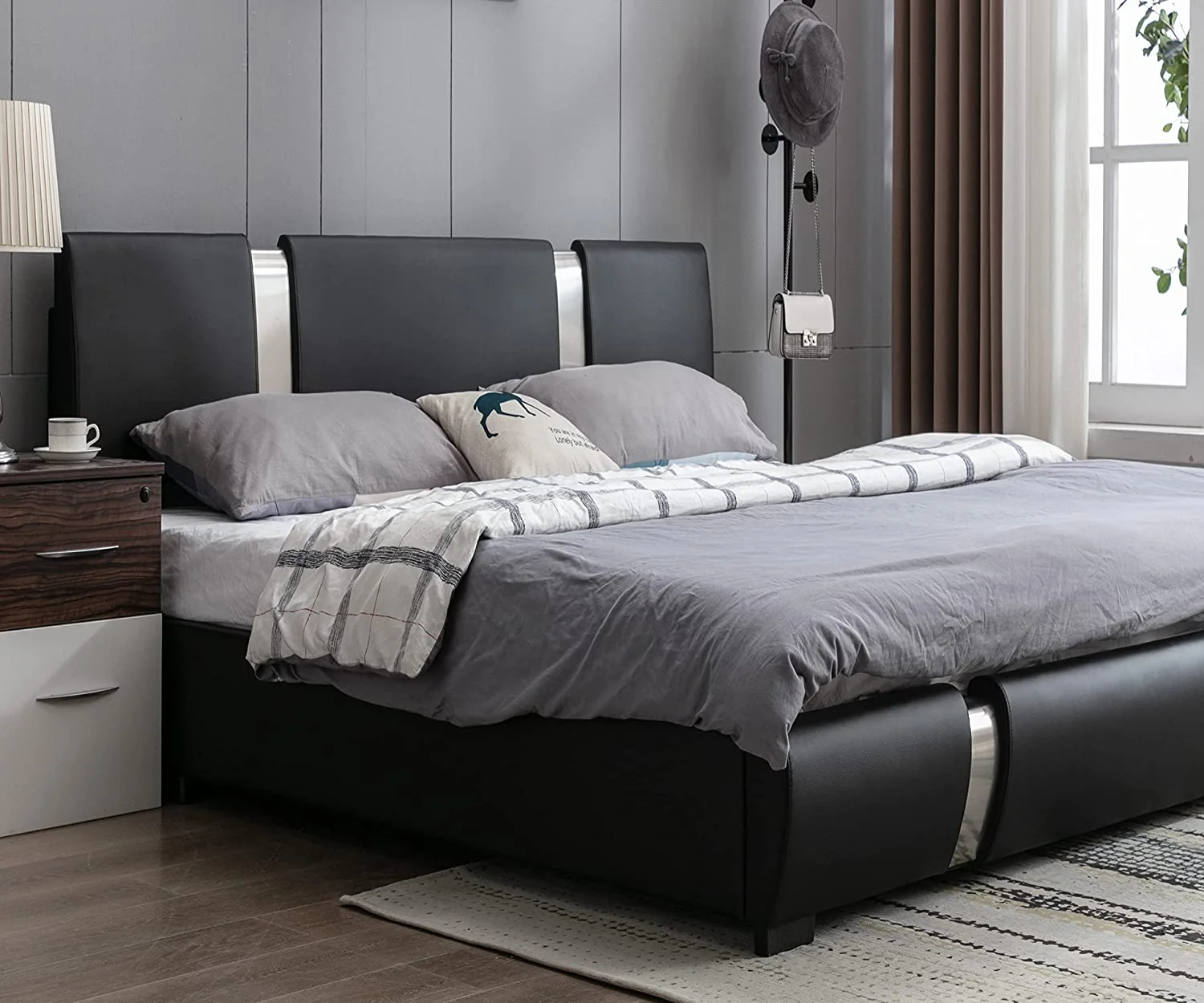 Well King Size Bed Frame with with Adjustable Headboard  Modern Low Profile Platform Bed with Faux Leather Mattress Foundation with Solid Wooden Slats Support No Box Spring Needed Black