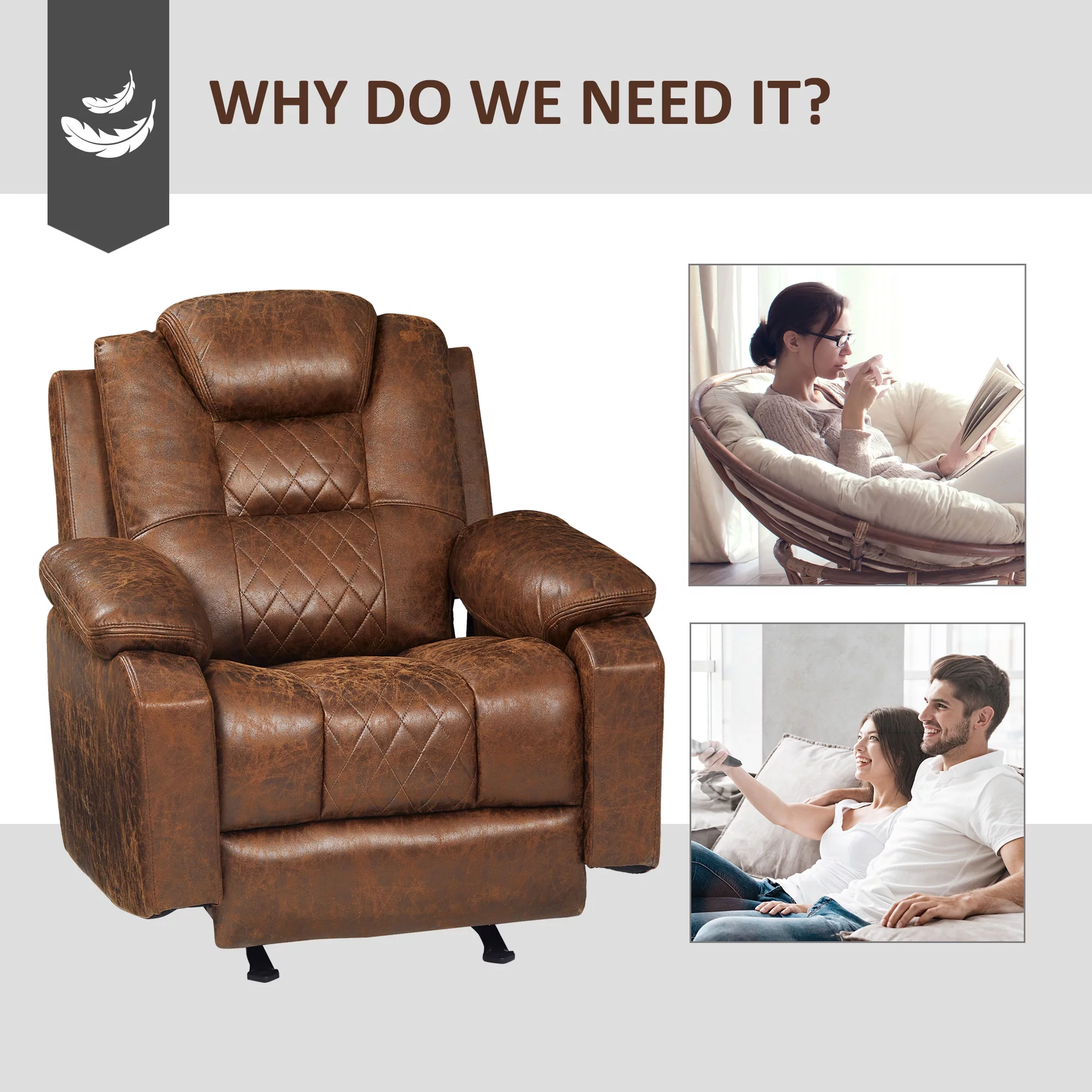 HOMCOM Overstuffed Manual Recliner Chair with Thick Sponge Padded Headrest and Armrest, and Rocking Function, Brown