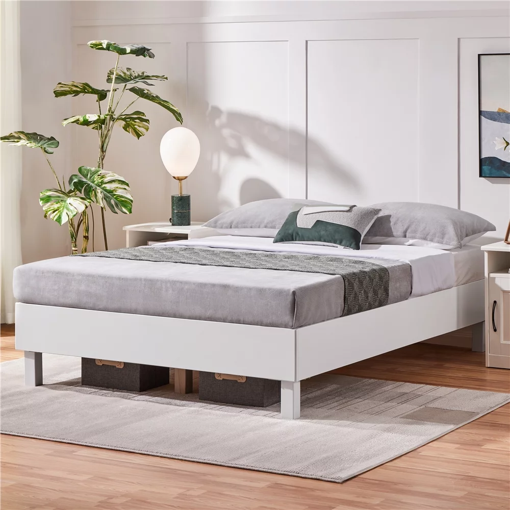 Easyfashion 14''H Platform Bed Frame with Wooden Slats, Queen, White