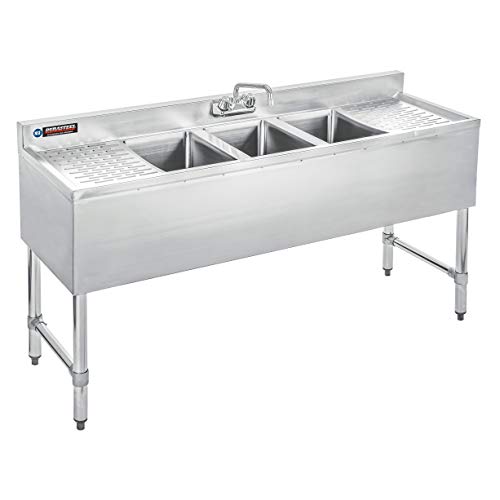 DuraSteel 3 Compartment Under Bar Sink - CEC & NSF 304 Stainless Steel 3 Bay Utility Sink with No Lead Faucet - 60