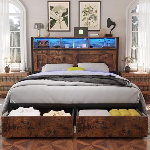 Farmhouse Full Bed Frame with Bookcase Headboard and Storage Drawers, LED Lights and Charging Station, No Box Spring Needed, Noise Free, Rustic Brown