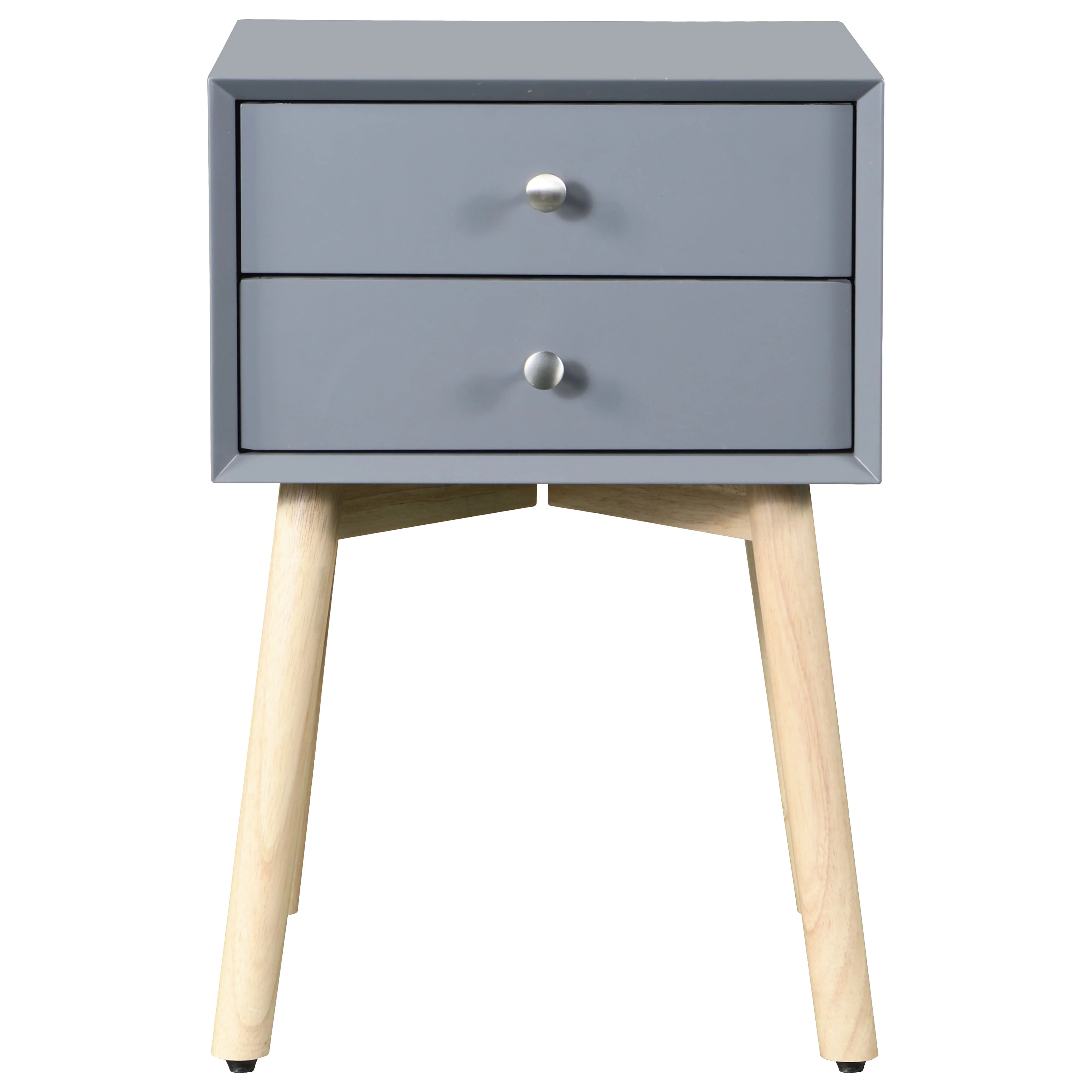 Side Table with 2 Drawer and Rubber Wood Legs, Mid-Century Modern Storage Cabinet for Bedroom Living Room Furniture, Gray