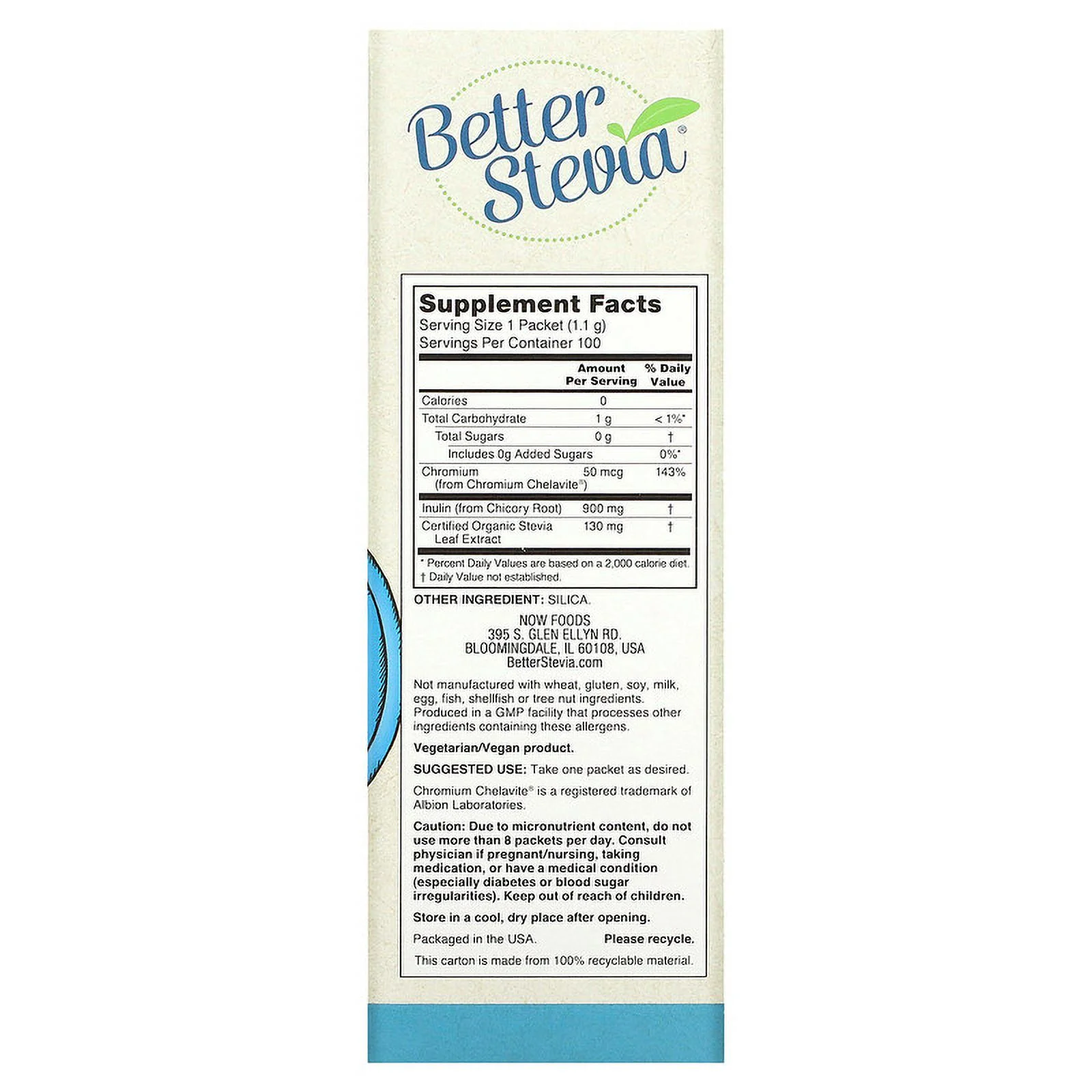 NOW Foods, Better Stevia, Balance with Chromium & Inulin, 100 Packets, 3.9 oz (110 g) Pack of 4