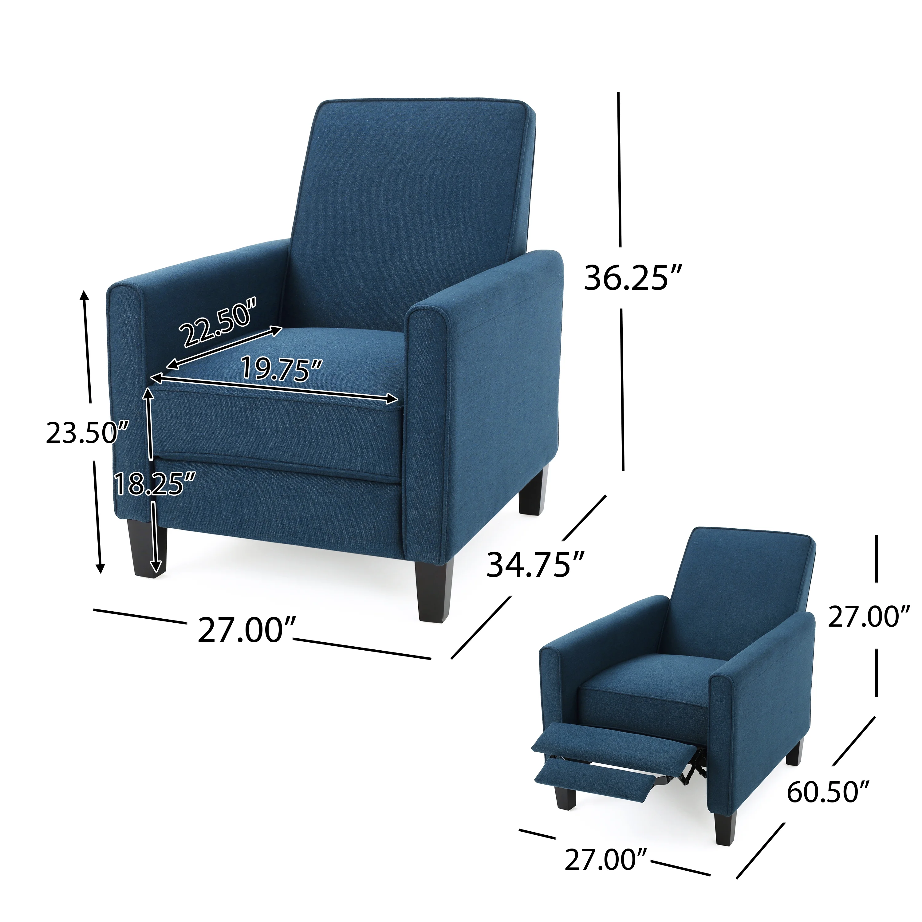 GDF Studio Jeffrey Fabric Recliner Club Chair, Dark Blue