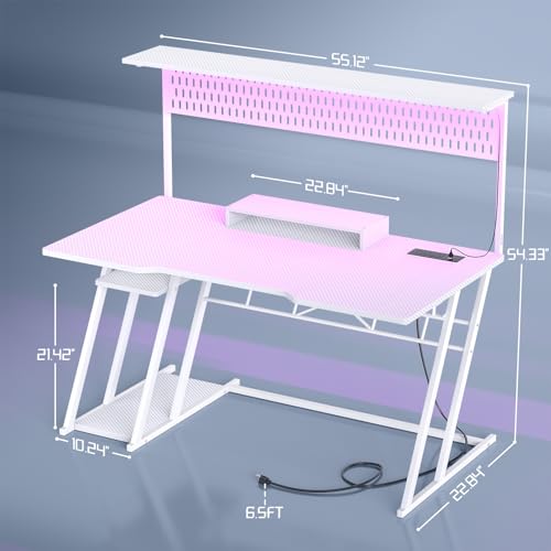 Armocity Gaming Computer Desk with Shelves and Outlets, Gaming Desk with Hutch and LED Lights, Reversible PC Gaming Desks with Pegboard, Carbon Fiber Black 47''