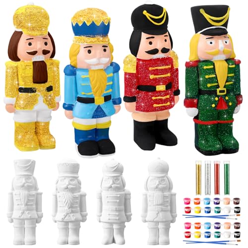 Poen Set of 4 Ceramic Christmas Nutcrackers Figurines Paint Craft Kit Unpainted Ceramics Plaster Nutcracker Keepsake for Holiday Party Decorations Paint and Brushes Included