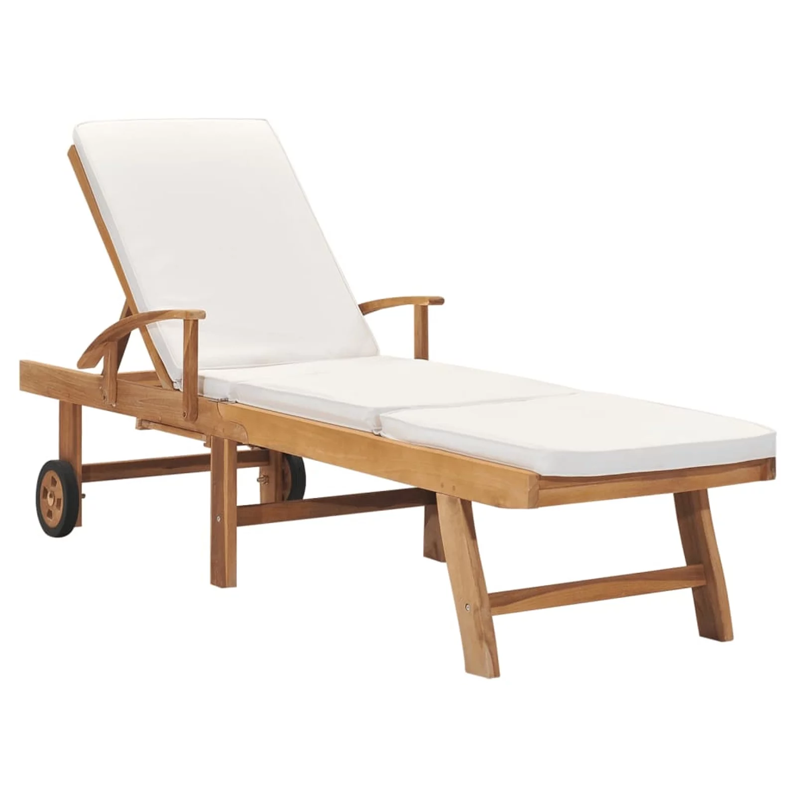 Anself Outdoor Sun Lounger with Sliding Table and Wheels Teak Wood Both Side Adjustable Chaise Lounge Chair Cream Cushioned Poolside, Backyard, Garden Furniture 76.8 x 23.4 x 13.8 Inches (L x W x H)