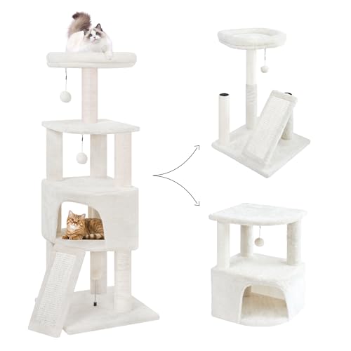 45in Cat Tree Tower with Big Condo for Indoor Kitten,Cat Tower with Scratching Post,Scratching Board and Cat Toys,Multi-Level,Small Space,Transformer Cat Tree, Grey(New)