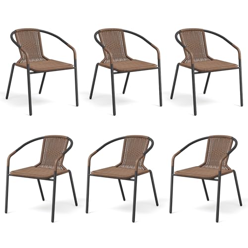 UDPATIO Rattan Outdoor Dining Chairs Set of 6, Wicker Stackable Patio Chairs with All Weather Curved Back & Metal Frame, for Indoor Restaurant Porch Deck, Black