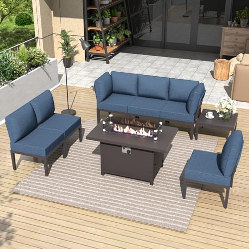 Kurapika 8 Pieces Metal Patio Furniture Set Modern Metal Outdoor Conversation Sets w/45in Propane Fire Pit Table, Patio Sectional Sofa w/5 Inch Cushion, Navy Blue