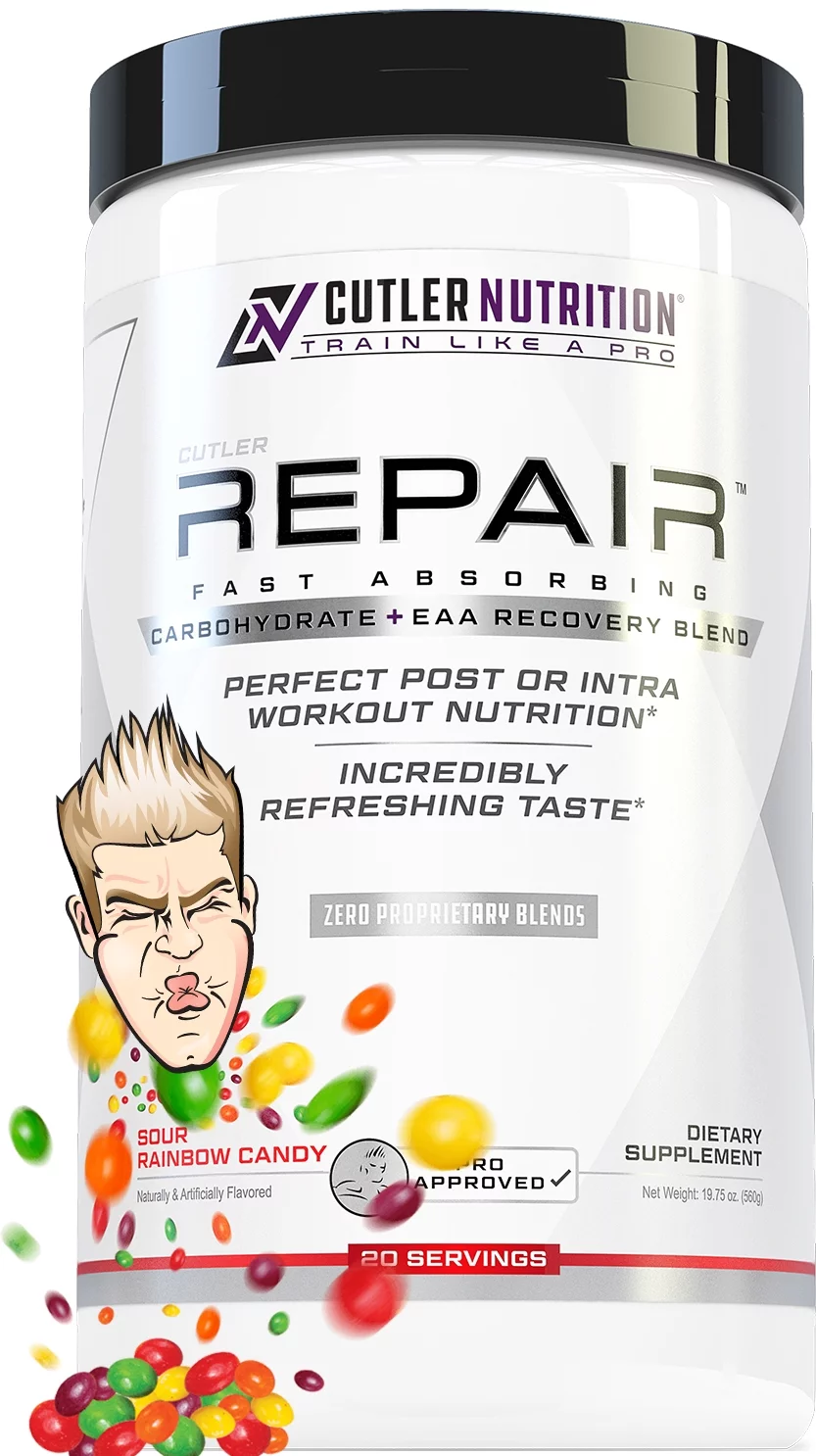 Repair Post Workout Recovery Drink: Fast Absorbing Carbohydrates (Waxy Maize + Cluster Dextrin) and BCAA/EAA for Advanced Muscle Recovery, Sour Rainbow Candy, 20 Servings