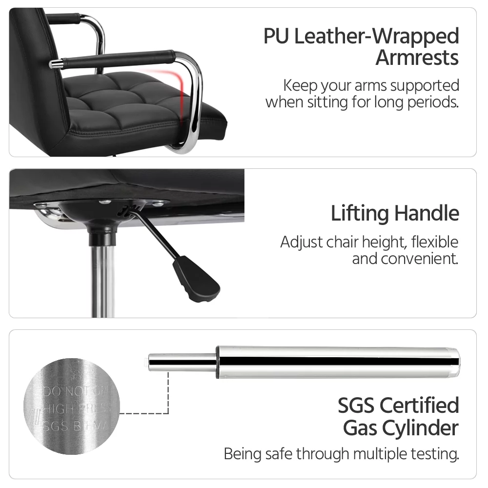 SMILE MART Modern Adjustable Faux Leather Swivel Office Chair with Wheels, Black