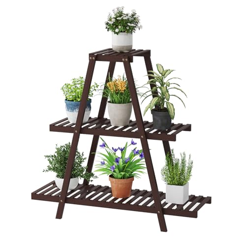 Plant Stand For Indoor Outdoor Tiered Plant Shelf 3 Tier 8 Potted Bamboo Flower Holder Ladder Rack For Multiple Triangle Table Plant Pot Stand (Natural)