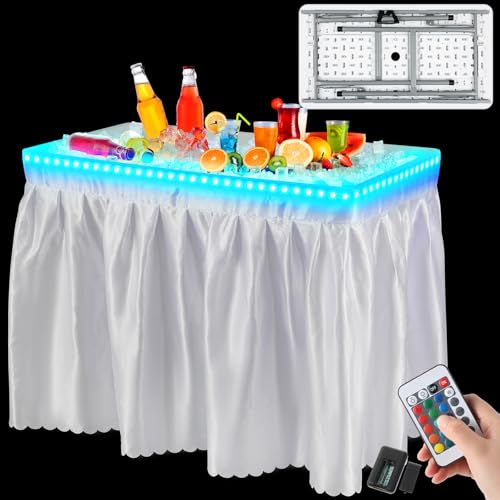 4 ft LED Ice Cooler Table for Parties Portable Folding Buffet Cold Table with Matching Skirt LED Light Strip Drain Plug, Patio Outdoor Chilling Table, Cooler Server for Party Wedding BBQ