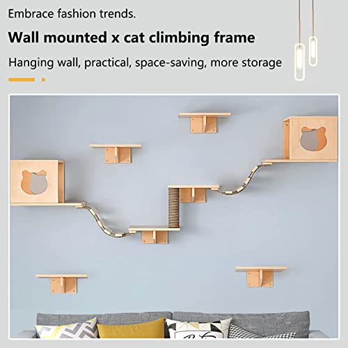 CanormpetCat Wall Shelves and Perches, Solid Wood Wall Mounted Cat Furniture with 4 Cat Condos House, 8 Shelves, 2Ladder, 3 Sisal Cat Scratching Post (C)