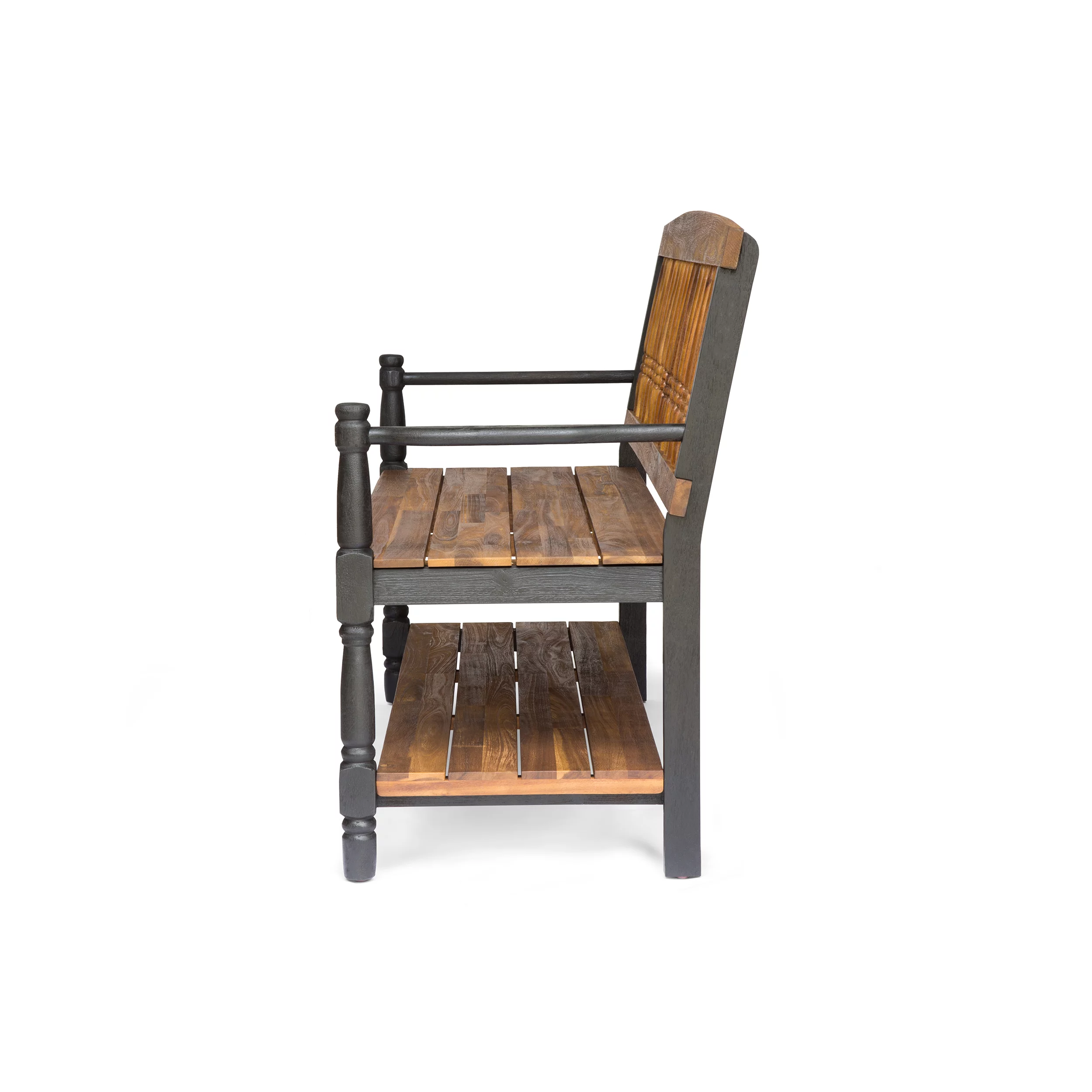 Eddie Rustic Acacia Wood Bench with Shelf, Teak and Black