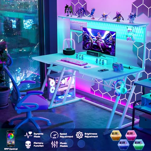 Armocity Gaming Computer Desk with Shelves and Outlets, Gaming Desk with Hutch and LED Lights, Reversible PC Gaming Desks with Pegboard, Carbon Fiber Black 47''