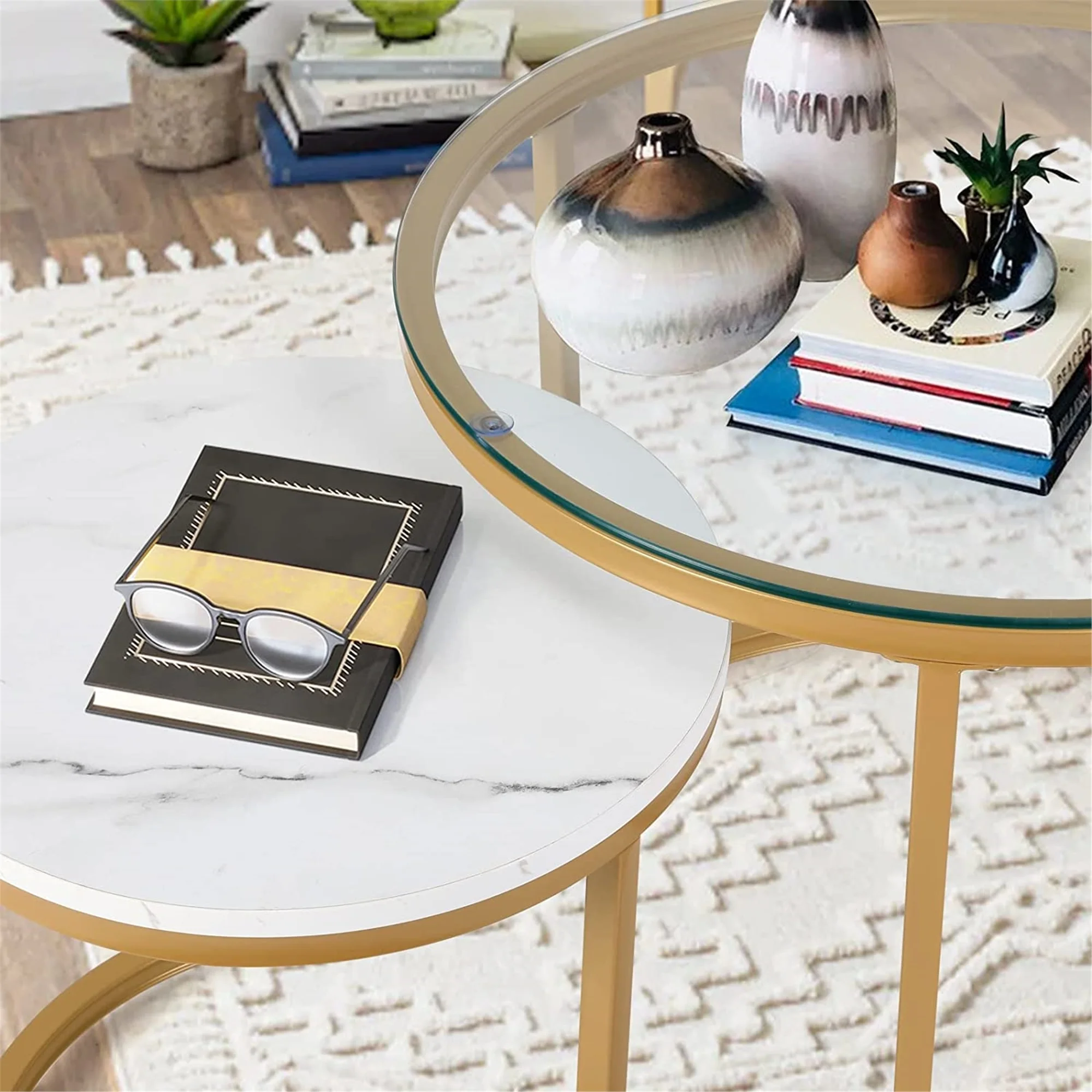 Modern Round Nesting Tables with Metal Frame (Set of 2) (White & Black)
