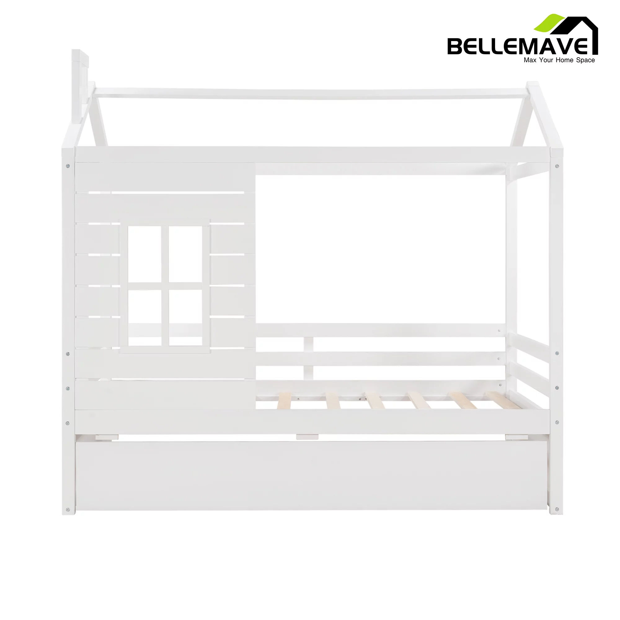 Bellemave White Wood Twin Size House-Shaped Kids Platform Bed Daybed with Trundle Bed for Bedroom Living Room, Wood Frame House Platform Bed Twin Size for Kids Child