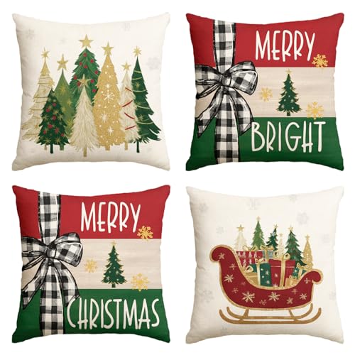 AVOIN colorlife Merry Bright Christmas Trees Star Sleigh Throw Pillow Covers, 18 x 18 Inch Bow Snowflake Red Xmas Winter Holiday Cushion Case Decoration for Sofa Couch Set of 4