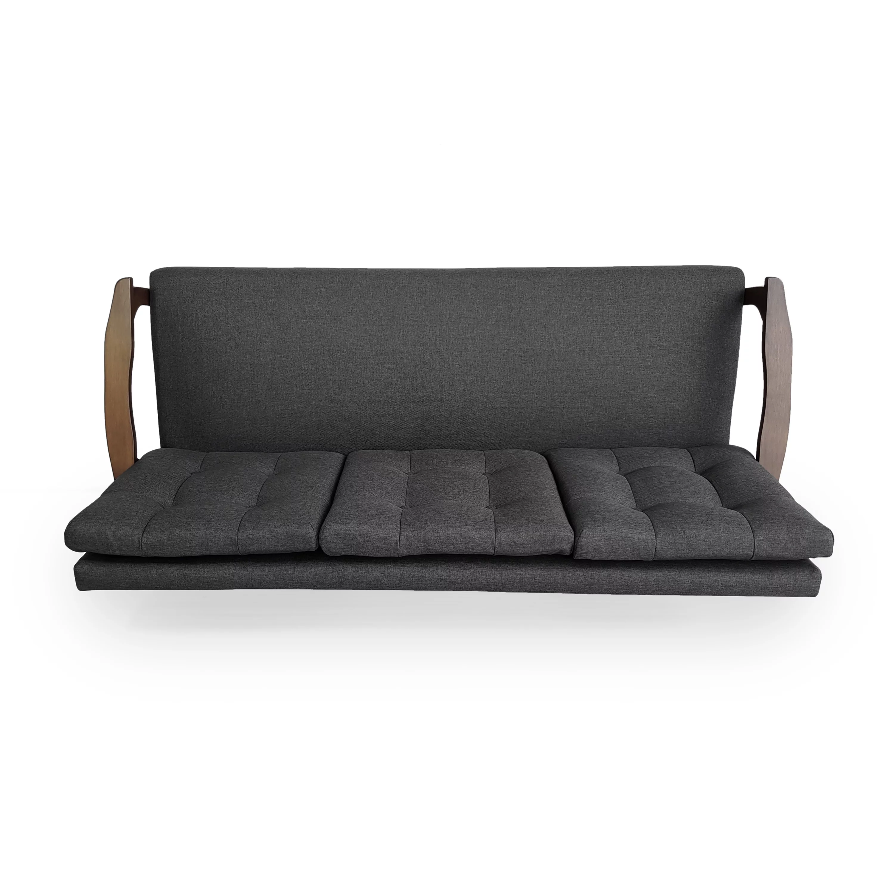 GDF Studio Prescott Mid Century Modern Fabric Tufted 2 Piece Sofa and Loveseat Living Room Set, Charcoal Gray and Walnut