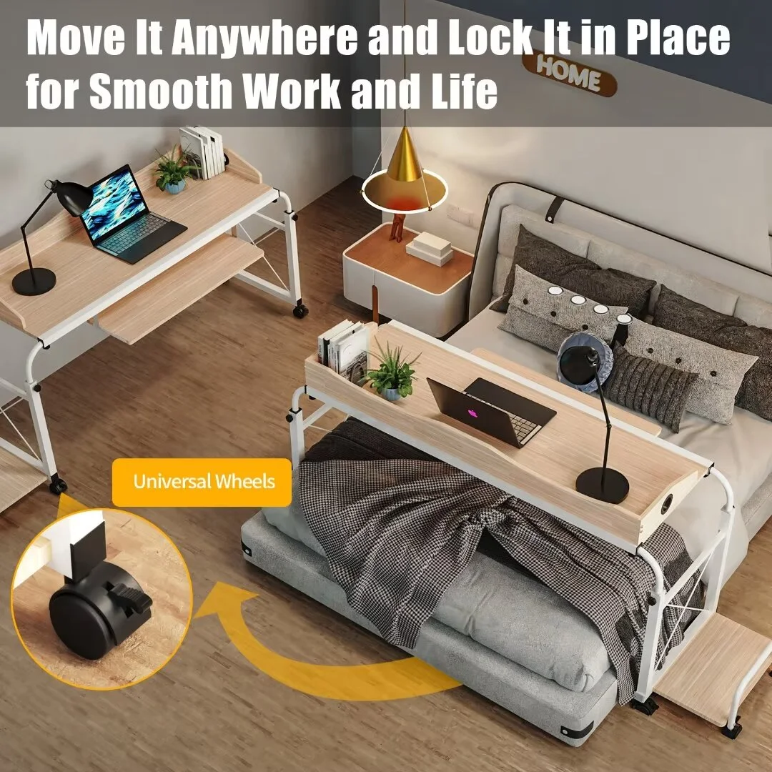 Oukaning Overbed Table Laptop Computer Cart with Wheels Rolling Desk Height Adjustable Home Office Desks