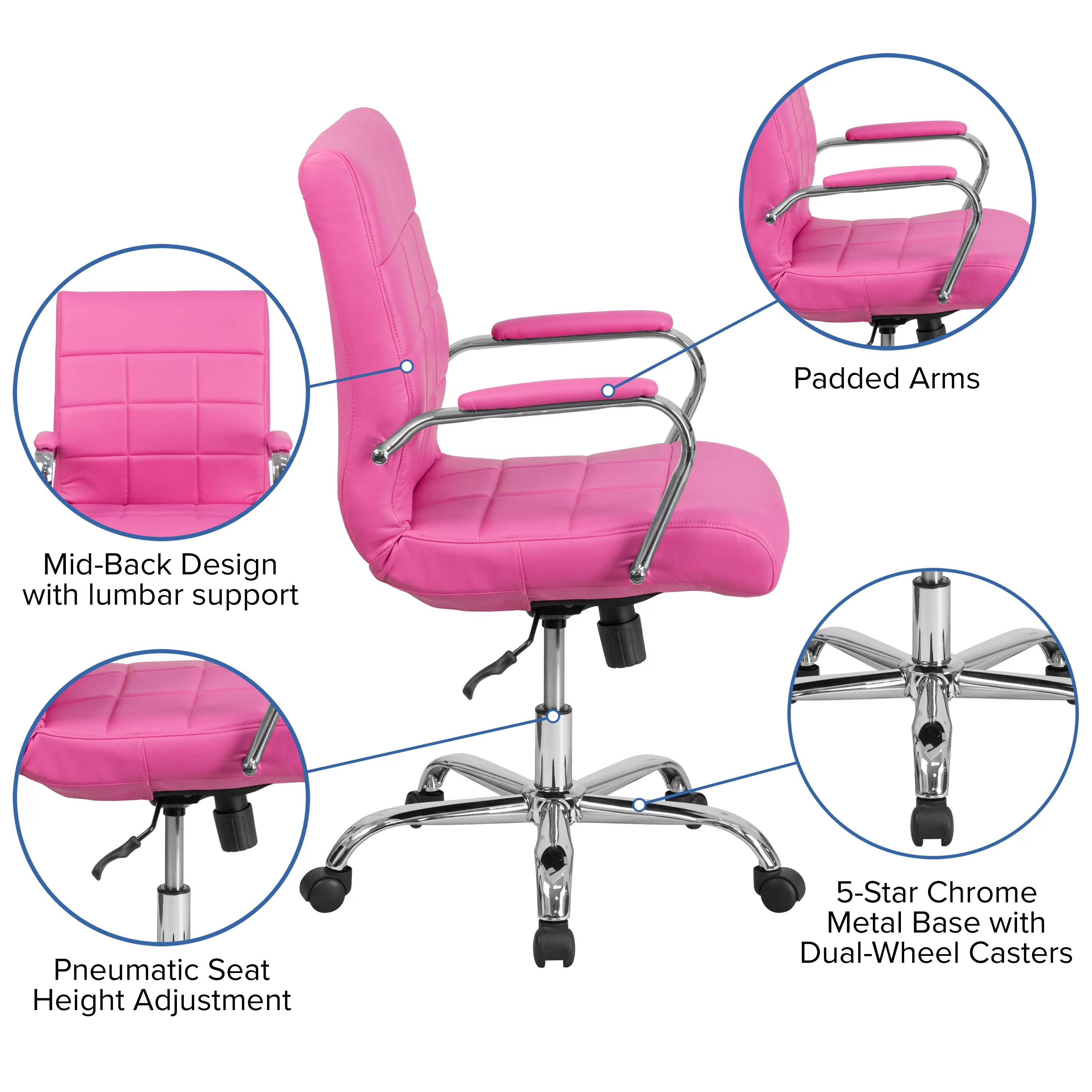 Emma + Oliver Mid-Back Pink Vinyl Executive Swivel Office Chair with Chrome Base and Arms