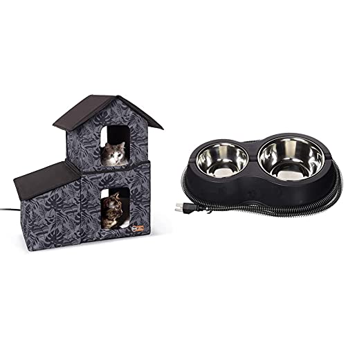 K&H Pet Products Two-Story Outdoor Kitty House with Dining Room Heated Gray Leaf 22 X 27 X 27 Inches
