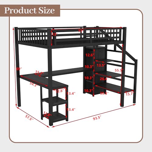 Loft Bed with Desk Queen Size, Gaming Loft Bed with LED Light for Adults, Heavy-duty Loft Beds Frame with Stairs & Wardrobe & Storage Shelves, Bunk Bed with Steps for Teens Boys Girls Room Dorm, Black