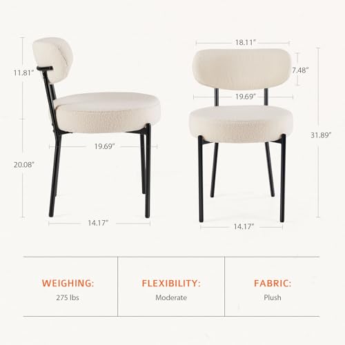 Sweetcrispy Dining Chairs Set of 2, Boucle Upholstered Modern Mid Century Round Kitchen Chairs with Curved Backrest & Metal Legs for Vanity, Living Room - Grey