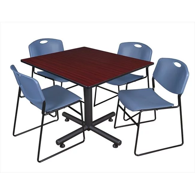 Regency  48 In. Square Laminate Table - Mahogany & Kobe Base With 4 Zeng Stacker Chairs - Blue