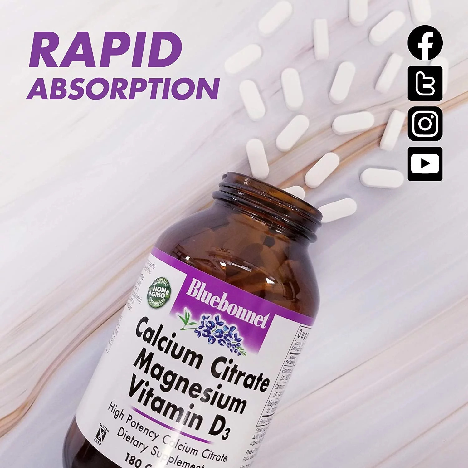 Bluebonnet Nutrition Calcium Citrate Magnesium Plus Vitamin D3 Caplets, Bone Health & Muscle Relaxation, Non GMO, Gluten Free, Soy Free, Milk Free, Kosher, 180 Caplets