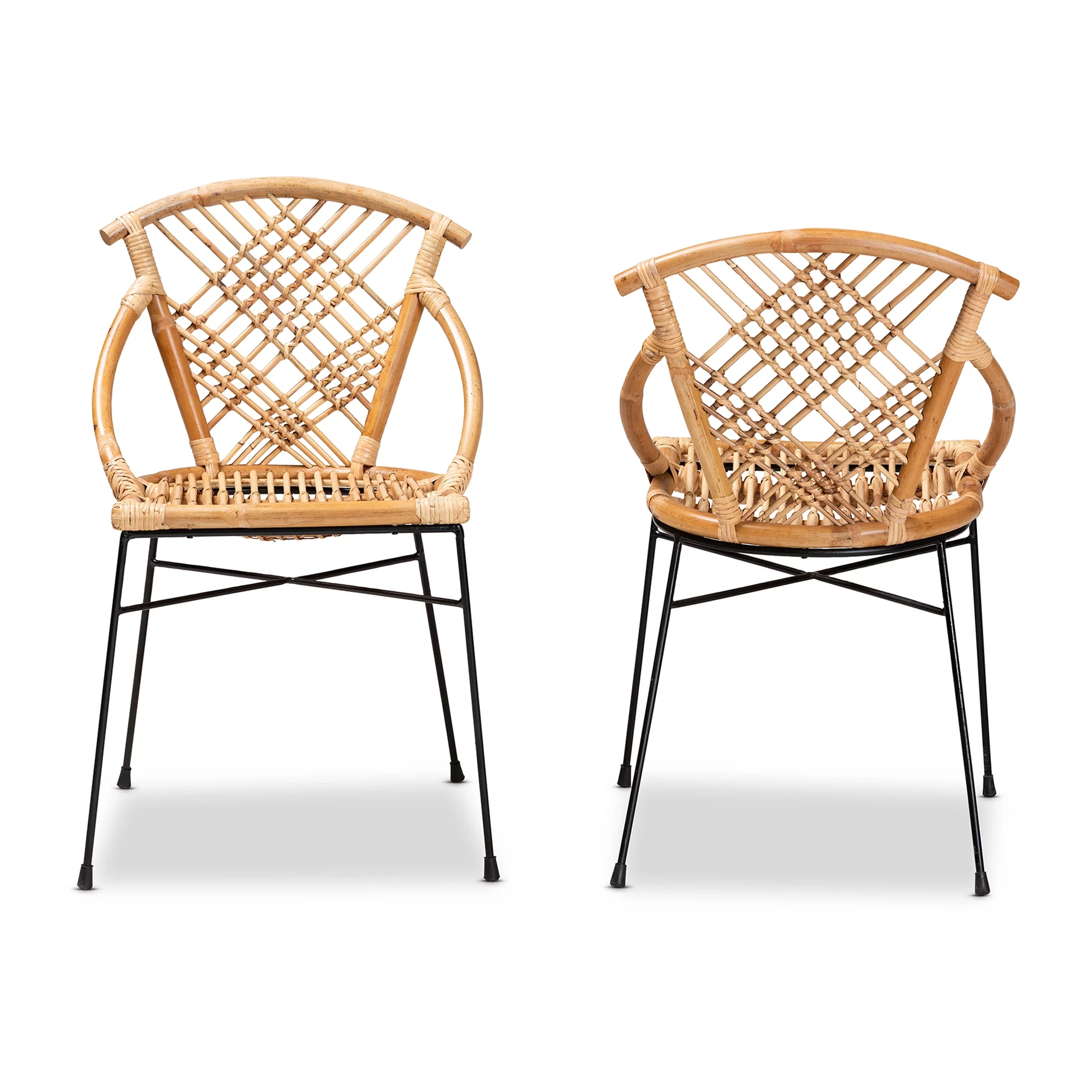 bali & pari Pro Modern Bohemian Natural Brown Rattan and Black Metal 2-Piece Dining Chair Set