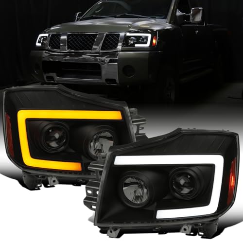 Fits 2004-2015 Nissan Armada Titan Upgraded Replacement Projector Headlights LED Switchback Sequential Turn Signals Assembly Pair | Black