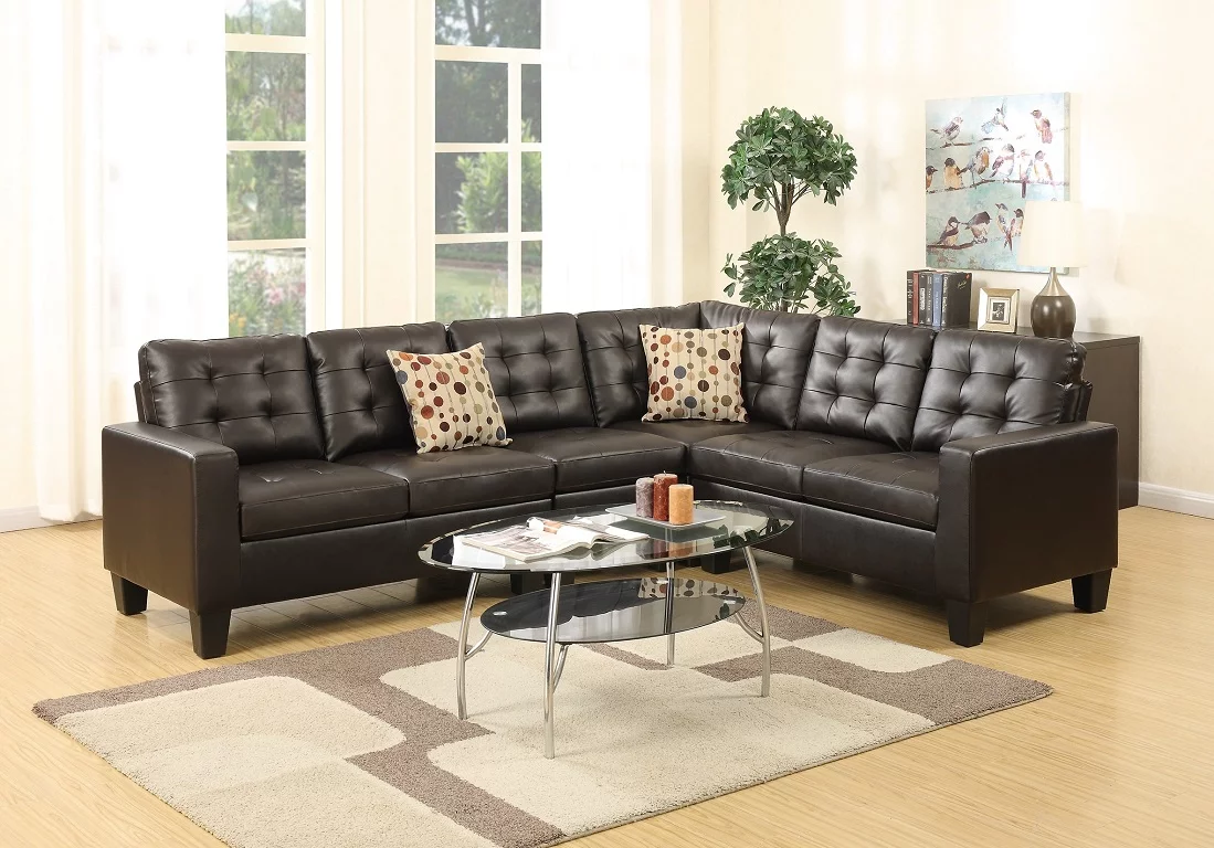 Living Room Sectional Sofa Modern Espresso 4pcs Set Bonded Leather Modular Sectionals Sleek Tufted Love-seat Corner Wedge Chair