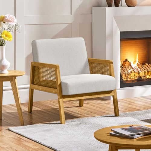 Yaheetech Accent Chair, Modern Armchair with Wood Legs, Mid Century Living Room Chair Linen Comfy Lounge Chair for Bedroom Reading Room, Set of 2, Beige