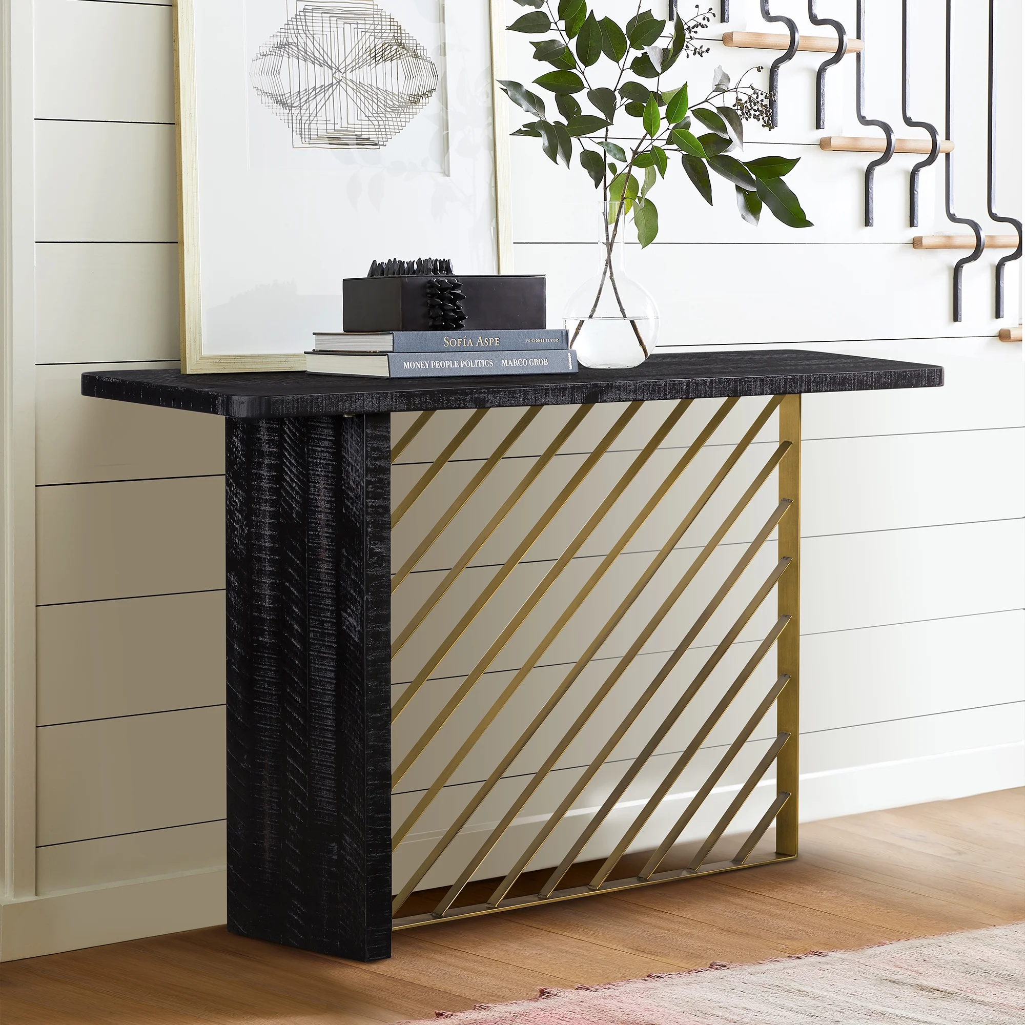 Armen Living Monaco Modern Wood/Metal Console Table in Black/Antique Brass