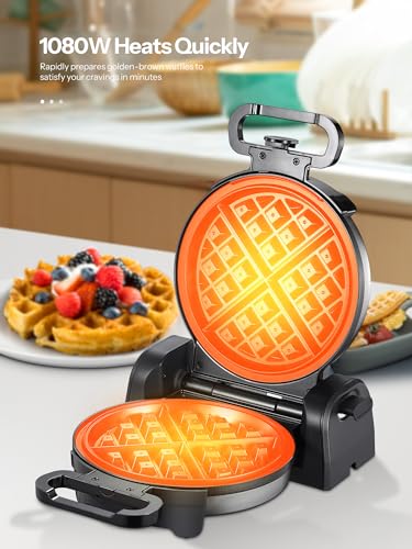 Classic Waffle Iron, Double Belgian Waffle Maker 180°Flip, 1400W Waffle Iron 8 Slices, Rotating & Nonstick Plates with Removable Drip Tray, Cool Touch Handles, Stainless Steel (8 Slices)