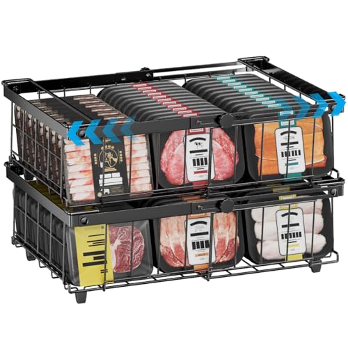 DOUBFIVSY Freezer Organizer Bins, 2 Pack Expandable Stackable Chest Deep Freezer Organizer Bins, Foldable Freezer Baskets with Handles, Freezer Storage Bins for 5 - 20 Cu.Ft Deep Freezer, Black