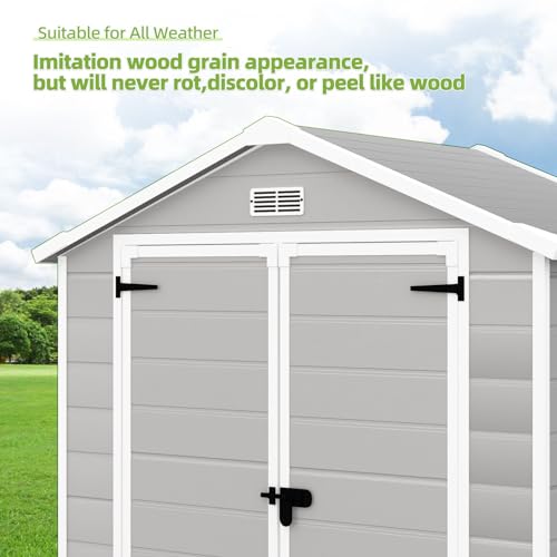 Outdoor Storage Shed 6x4.4FT, Resin Shed Plastic with Floor for Garden Tool,Waterproof Outdoor Resin Storage,Lockable Doors for Patio,Yard,Lawn (LightGray 6x4)