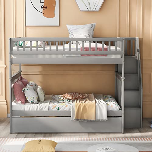 Harper & Bright Designs Twin Size Loft Bed with L-Shaped Desk and Stairs, Solid Wood Loft Bed Frame with Storage Drawers and Bookcase, for Kids Teens Adults - White